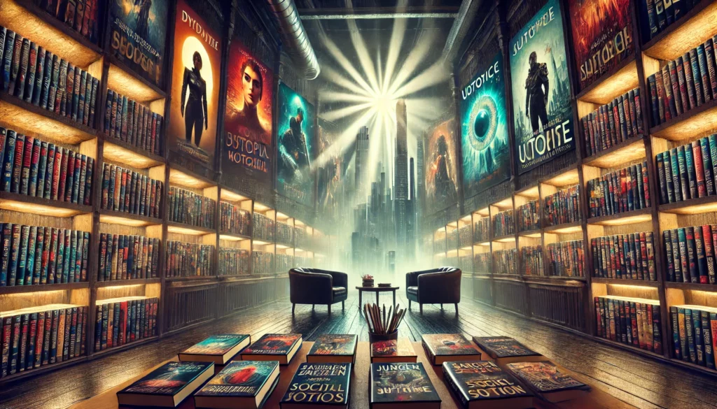 Scène dramatique dans une bibliothèque présentant des romans de SF dystopiques et utopiques liés aux conflits sociaux.