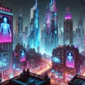 Vue d’une mégapole futuriste éclairée par des néons, à l’ambiance cyberpunk.