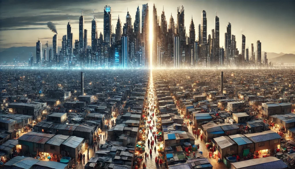 Métropole futuriste divisée entre tours luxueuses et quartiers délabrés, illustrant des inégalités sociales.