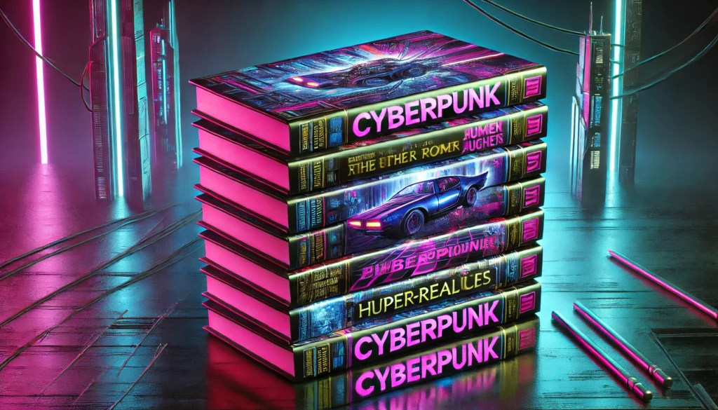 Pile de romans cyberpunk mis en valeur avec un éclairage futuriste.