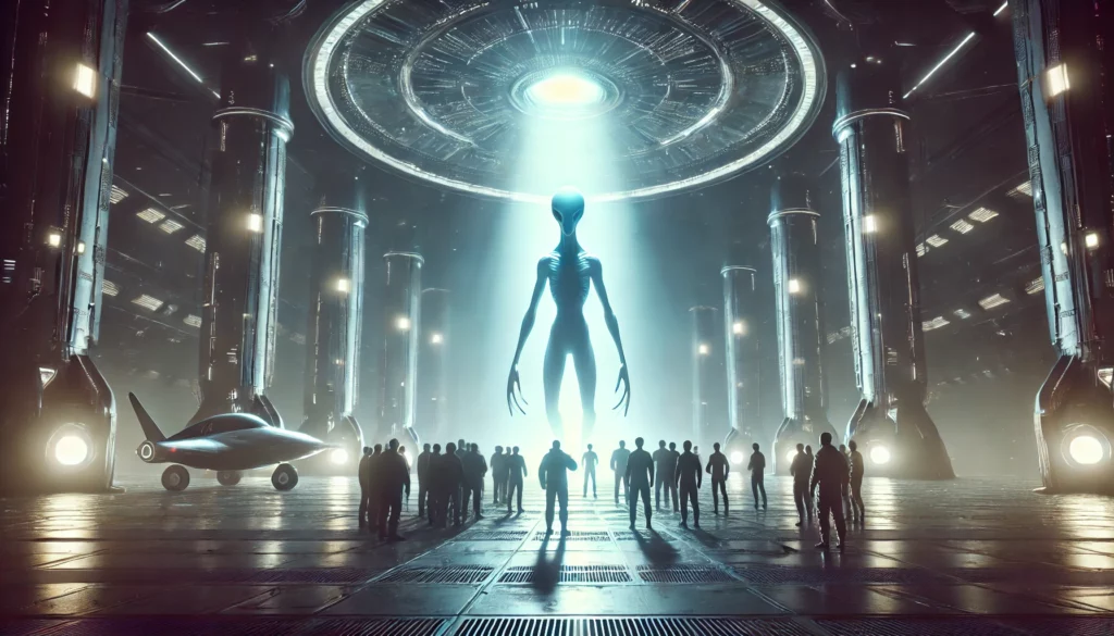 Rencontre entre humains et une créature alien imposante