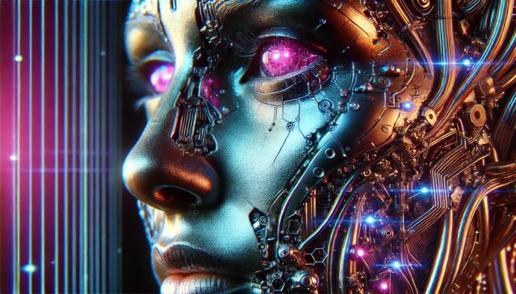 Visage humain cybernétique avec des implants robotiques, illustrant le transhumanisme.